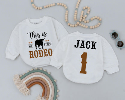 This Is My First Rodeo Cowgirl Bubble Romper Personalized Name Retro Western Baby Girl Bodysuit Birthday Cowboy Outfit
