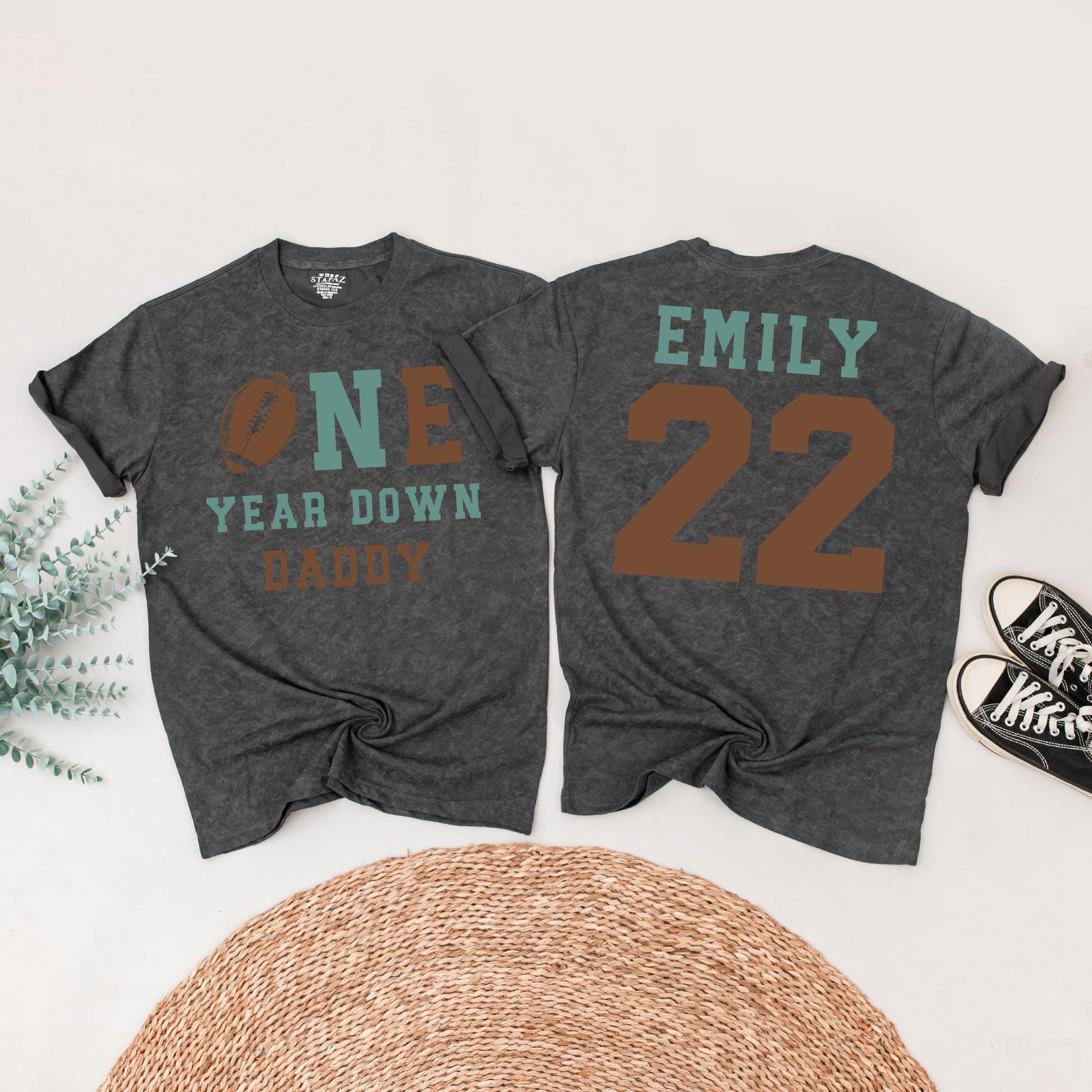 One Year Down Football Birthday Family Shirts Sea Green Brown, Alex & Emily 1st Birthday Outfit, First Touchdown Party, Daddy Son Matching Tees 01, 22