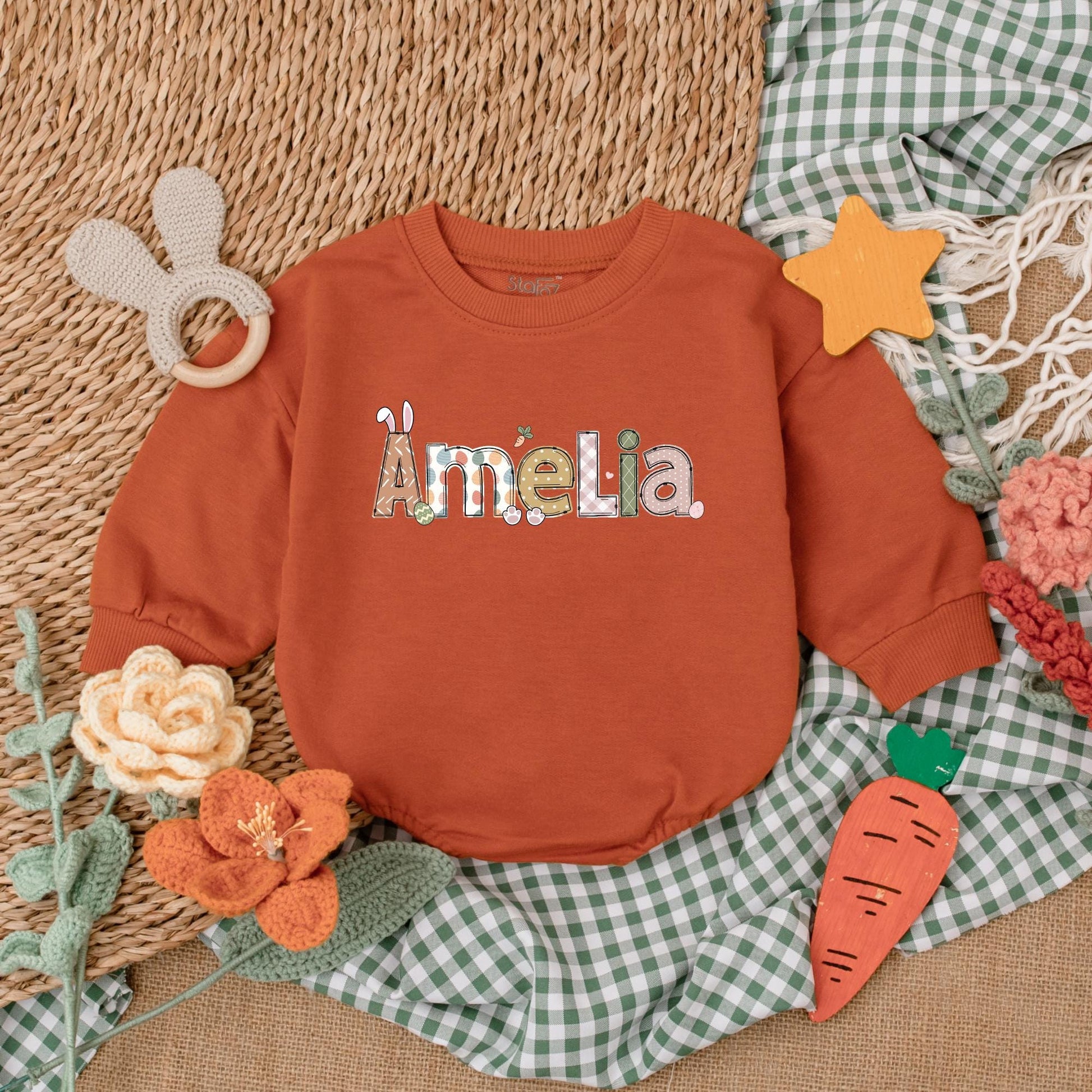 Personalized Easter Bunny Romper Baby Gift, Retro Easter Day Bodysuit, First Easter Outfit, Custom Name Bubble Romper, Baby Shower Gift (139 chars)