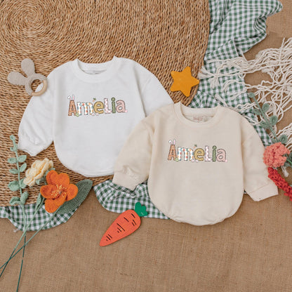 Personalized Easter Bunny Romper Baby Gift, Retro Easter Day Bodysuit, First Easter Outfit, Custom Name Bubble Romper, Baby Shower Gift (139 chars)