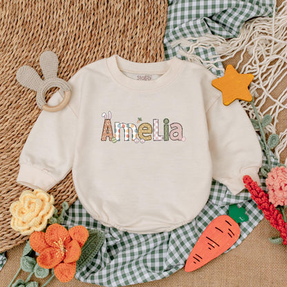 Personalized Easter Bunny Romper Baby Gift, Retro Easter Day Bodysuit, First Easter Outfit, Custom Name Bubble Romper, Baby Shower Gift (139 chars)