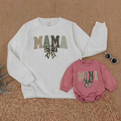 Matching Mommy and Me Camo Bow Sweatshirts and Baby Girl Romper for Mother Daughter Hunting Mama Cozy Outfit Mother's Day Gift