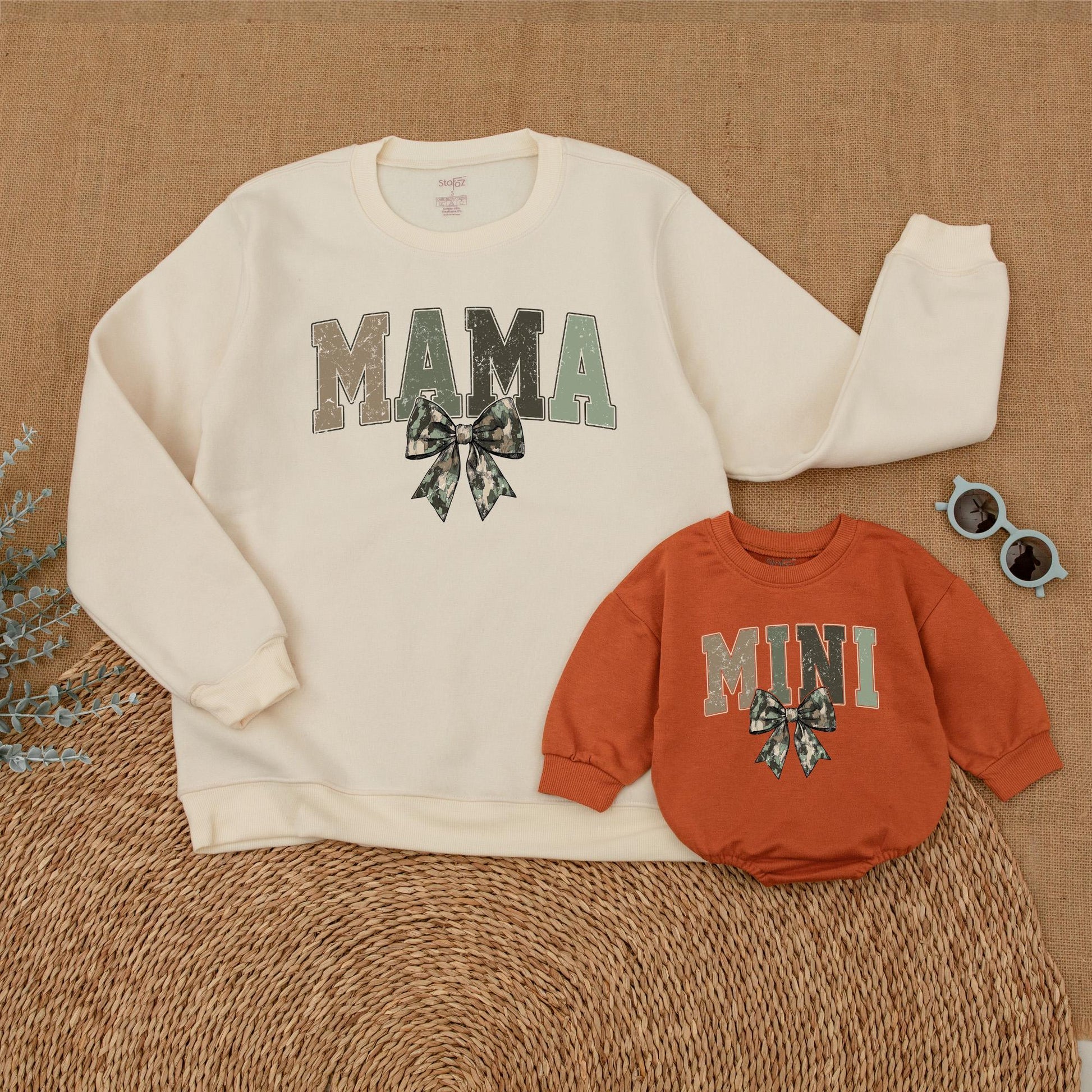 Matching Mommy and Me Camo Bow Sweatshirts and Baby Girl Romper for Mother Daughter Hunting Mama Cozy Outfit Mother's Day Gift