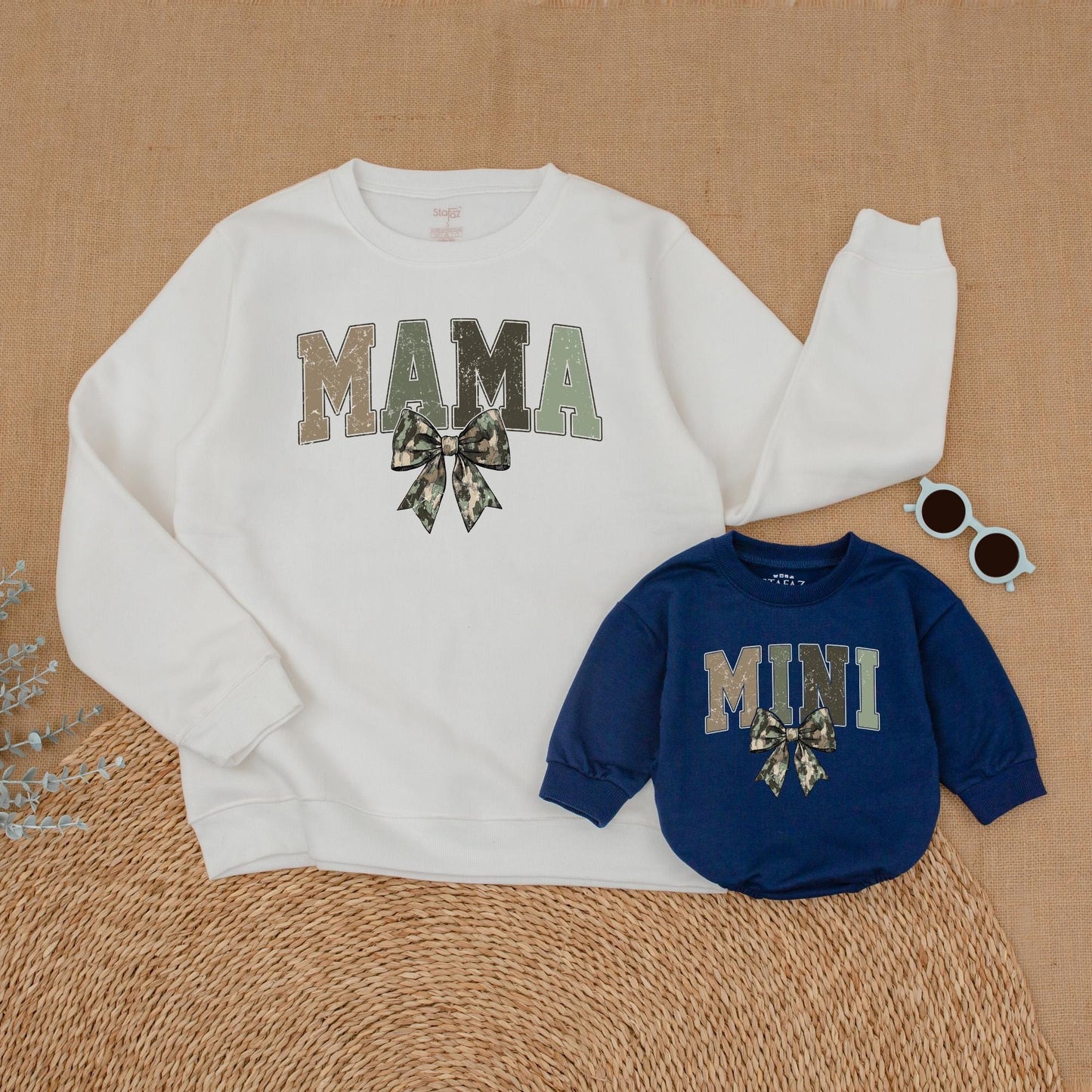 Matching Mommy and Me Camo Bow Sweatshirts and Baby Girl Romper for Mother Daughter Hunting Mama Cozy Outfit Mother's Day Gift