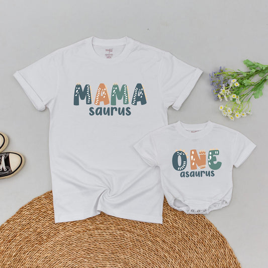Personalized Dinosaur One-A-Saurus 1st Birthday Family Matching T-Shirt for Boy Mommy and Me Dinosaur Celebration Tee