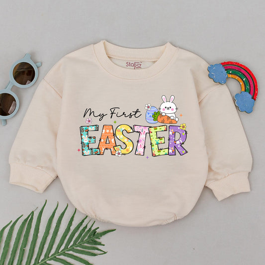 My First Easter Romper Baby Girl, Retro Easter Bunny Bodysuit, Floral Pattern, Whimsical Design, Easter Gift, Natural Cotton