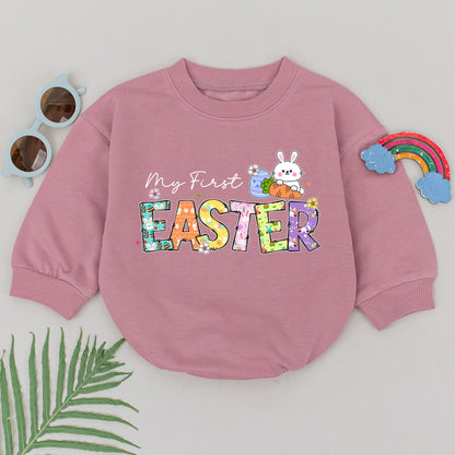 My First Easter Romper Baby Girl, Retro Easter Bunny Bodysuit, Floral Pattern, Whimsical Design, Easter Gift, Natural Cotton