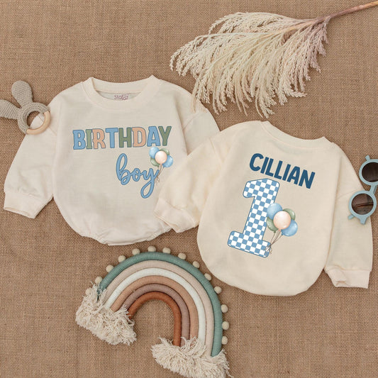Personalized Blue Balloon Birthday Boy Bubble Romper for Baby Shower Gift or First Birthday Outfit