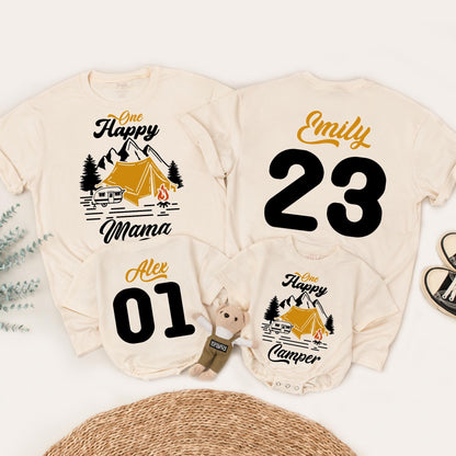 One Happy Camper First Birthday Shirt Matching Family Outfit Vintage Camping Party Theme Black Yellow Pine Tree Tent Cotton Tee