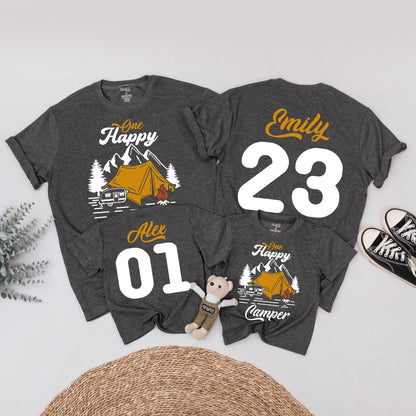 One Happy Camper First Birthday Shirt Matching Family Outfit Vintage Camping Party Theme Black Yellow Pine Tree Tent Cotton Tee