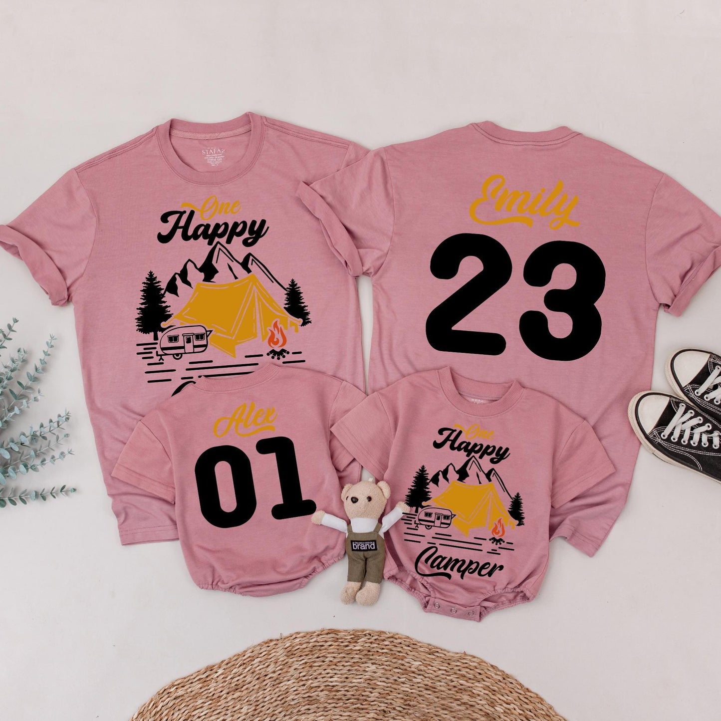One Happy Camper First Birthday Shirt Matching Family Outfit Vintage Camping Party Theme Black Yellow Pine Tree Tent Cotton Tee