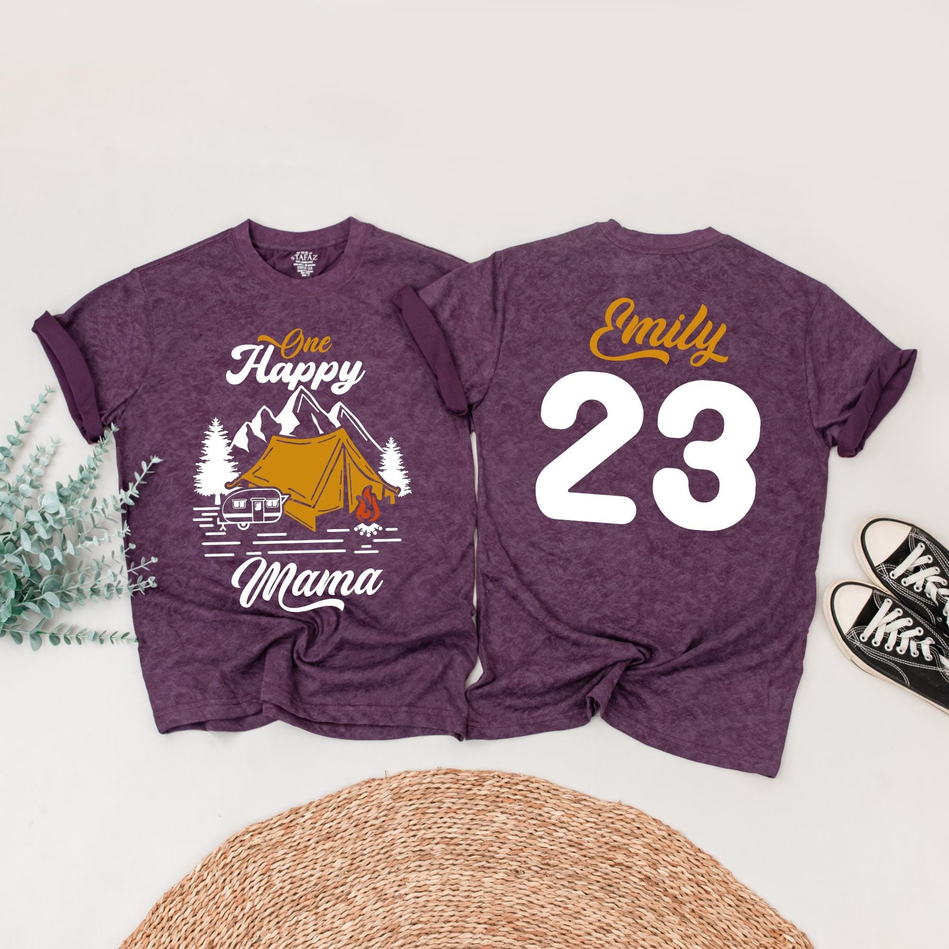 One Happy Camper First Birthday Shirt Matching Family Outfit Vintage Camping Party Theme Black Yellow Pine Tree Tent Cotton Tee