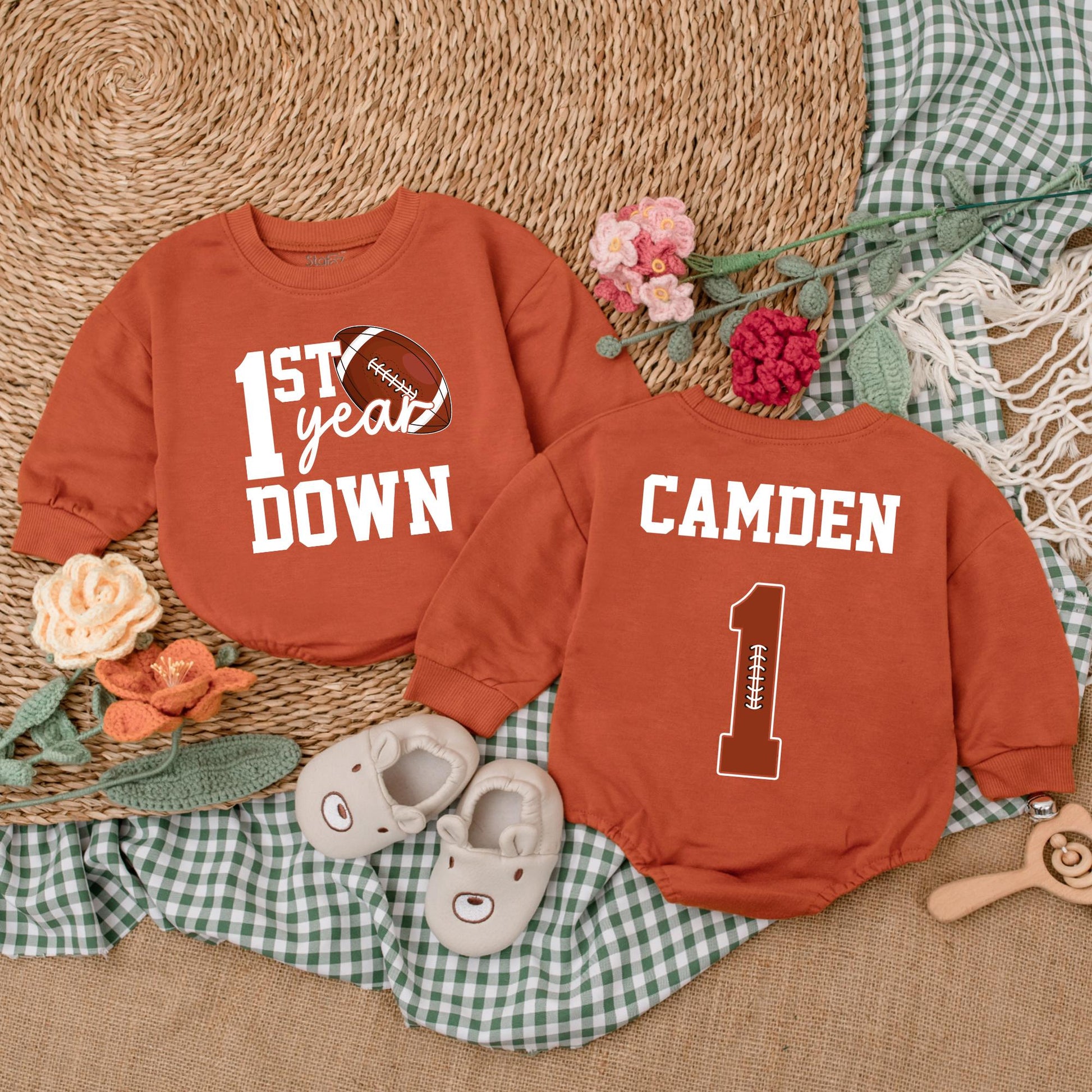 Personalized First Year Down Football Romper Baby Boy Birthday Bodysuit Game Day Baby Clothes