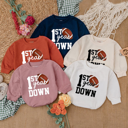 Personalized First Year Down Football Romper Baby Boy Birthday Bodysuit Game Day Baby Clothes