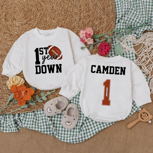 Personalized First Year Down Football Romper Baby Boy Birthday Bodysuit Game Day Baby Clothes