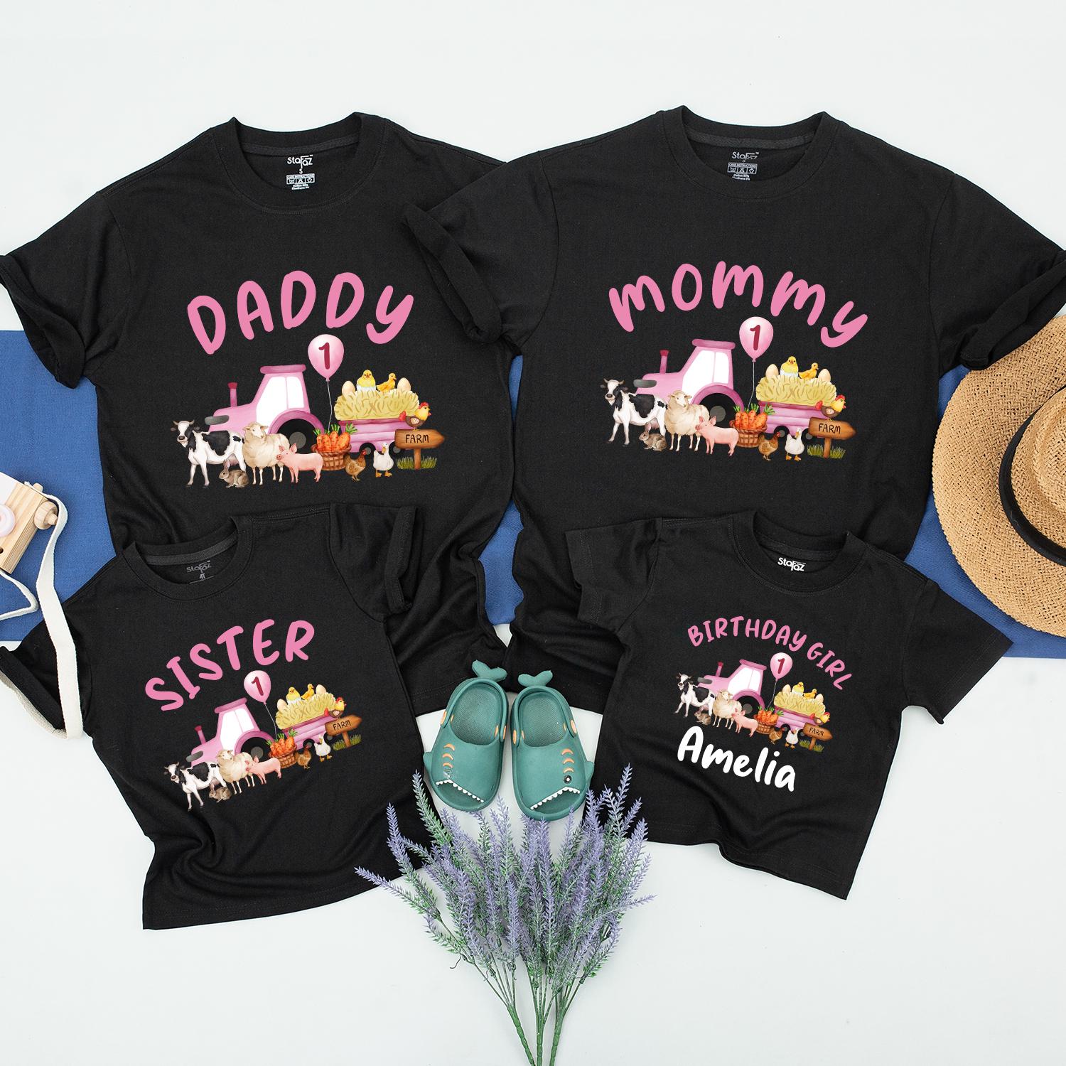 Whimsical Farm Birthday Shirt Daddy Mommy Sister Amelia's First Birthday Cute Pink Tractor Chicks Farm Animals Celebration Tee