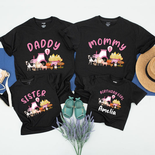 Whimsical Farm Birthday Shirt Daddy Mommy Sister Amelia's First Birthday Cute Pink Tractor Chicks Farm Animals Celebration Tee