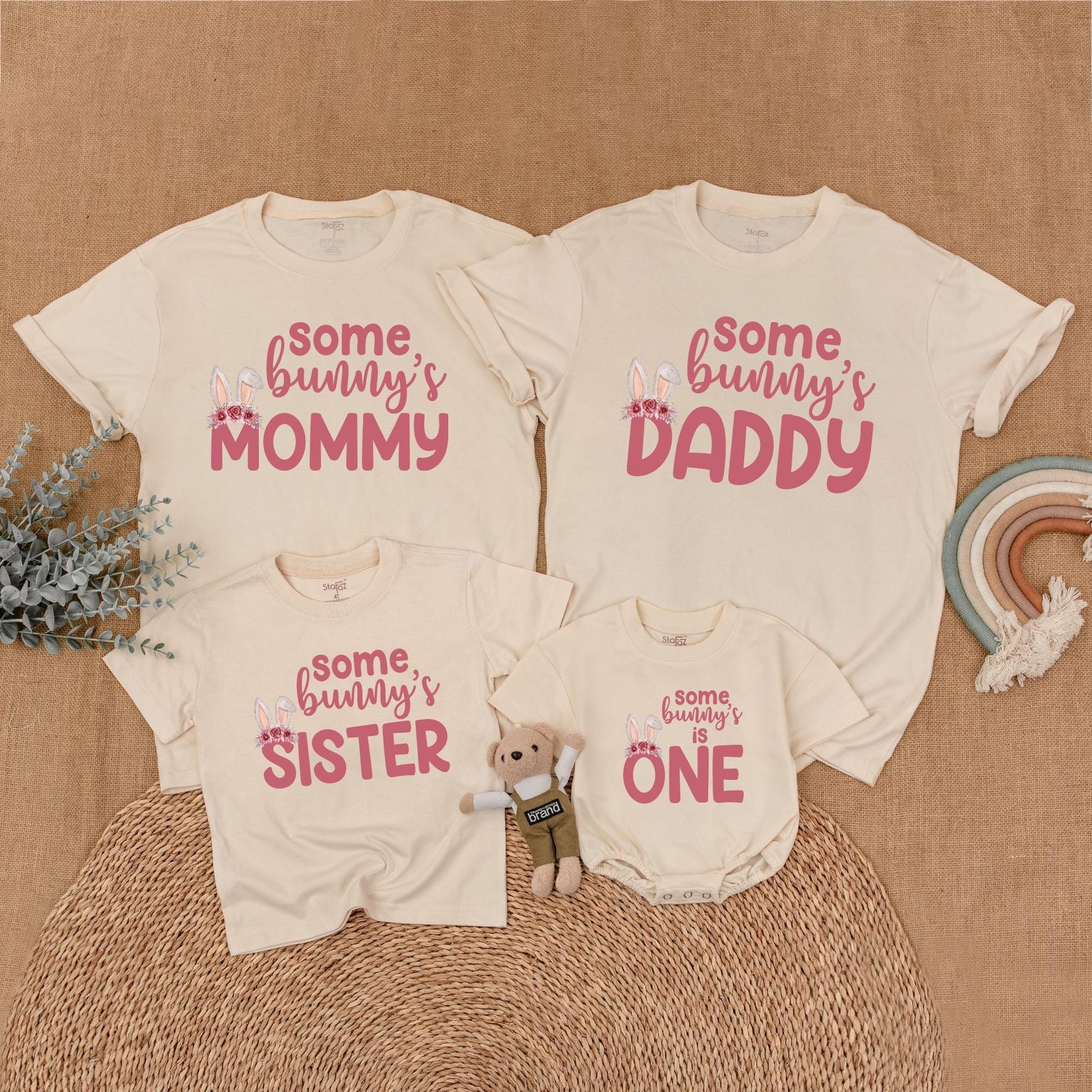 Some Bunny Is One First Birthday Matching Family Outfit Pink Floral Bunny Ears Baby Girl Romper Mommy Daddy Sister Shirts Soft Cotton Playful Design