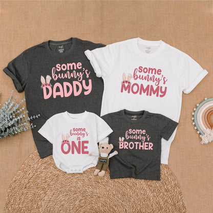 Some Bunny Is One First Birthday Matching Family Outfit Pink Floral Bunny Ears Baby Girl Romper Mommy Daddy Sister Shirts Soft Cotton Playful Design