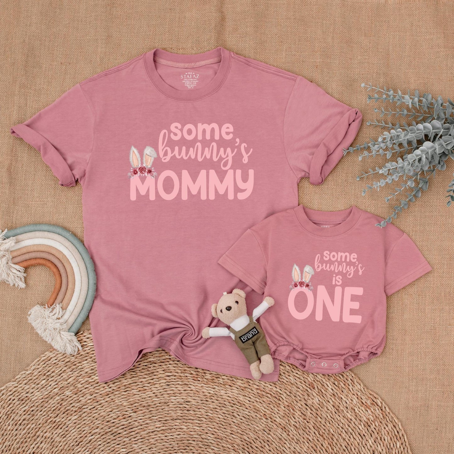 Some Bunny Is One First Birthday Matching Family Outfit Pink Floral Bunny Ears Baby Girl Romper Mommy Daddy Sister Shirts Soft Cotton Playful Design