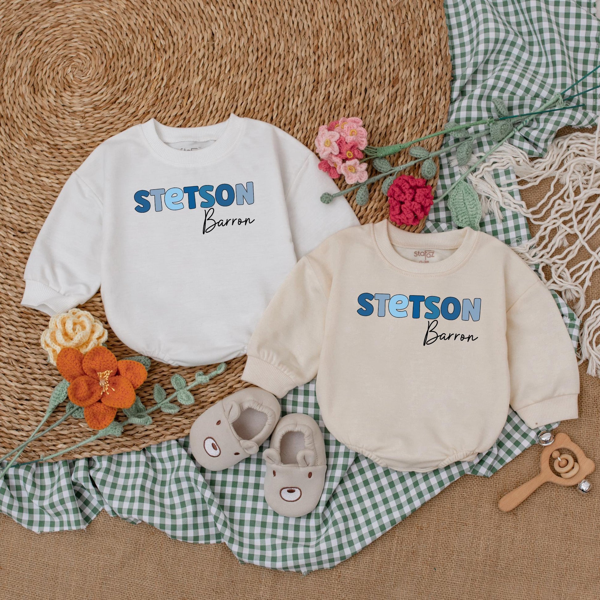Custom Name Baby Boy Bubble Romper Blue Letter Design for Newborns, Unique Baby Shower Gift Outfit, Soft Cotton Baby Clothes