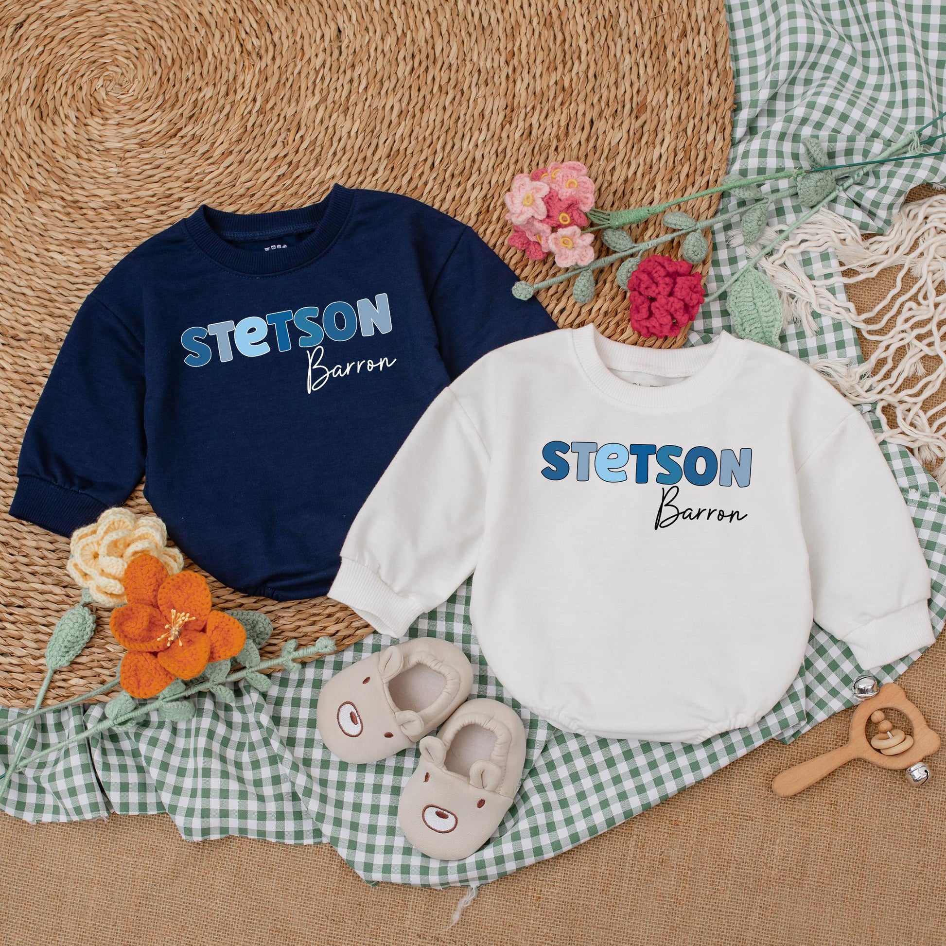 Custom Name Baby Boy Bubble Romper Blue Letter Design for Newborns, Unique Baby Shower Gift Outfit, Soft Cotton Baby Clothes