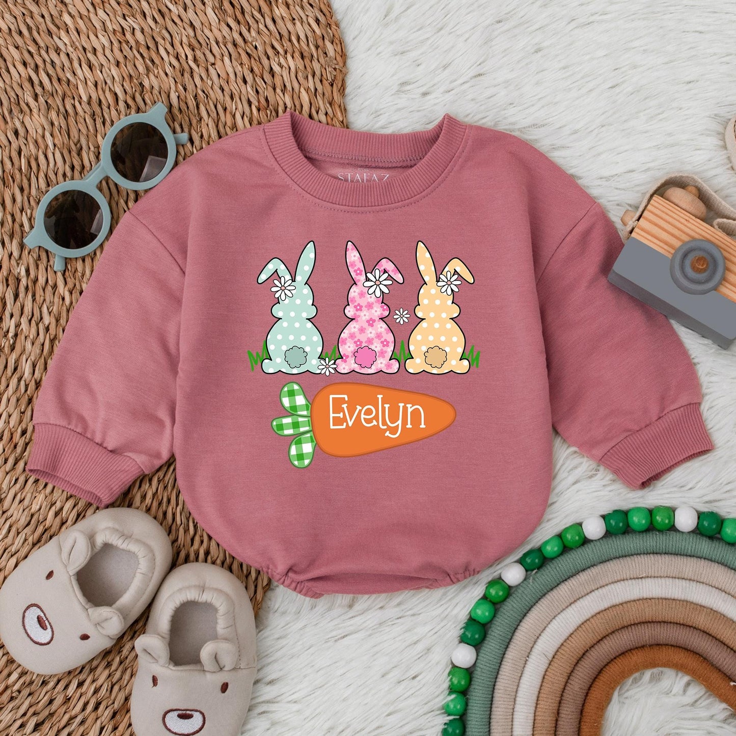 Personalized Easter Bunny Bubble Romper for Baby Girls, Soft Cotton My First Easter Bodysuit & Easter Outfit Gift