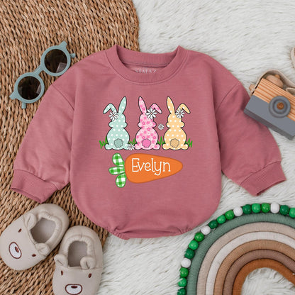 Personalized Easter Bunny Bubble Romper for Baby Girls, Soft Cotton My First Easter Bodysuit & Easter Outfit Gift