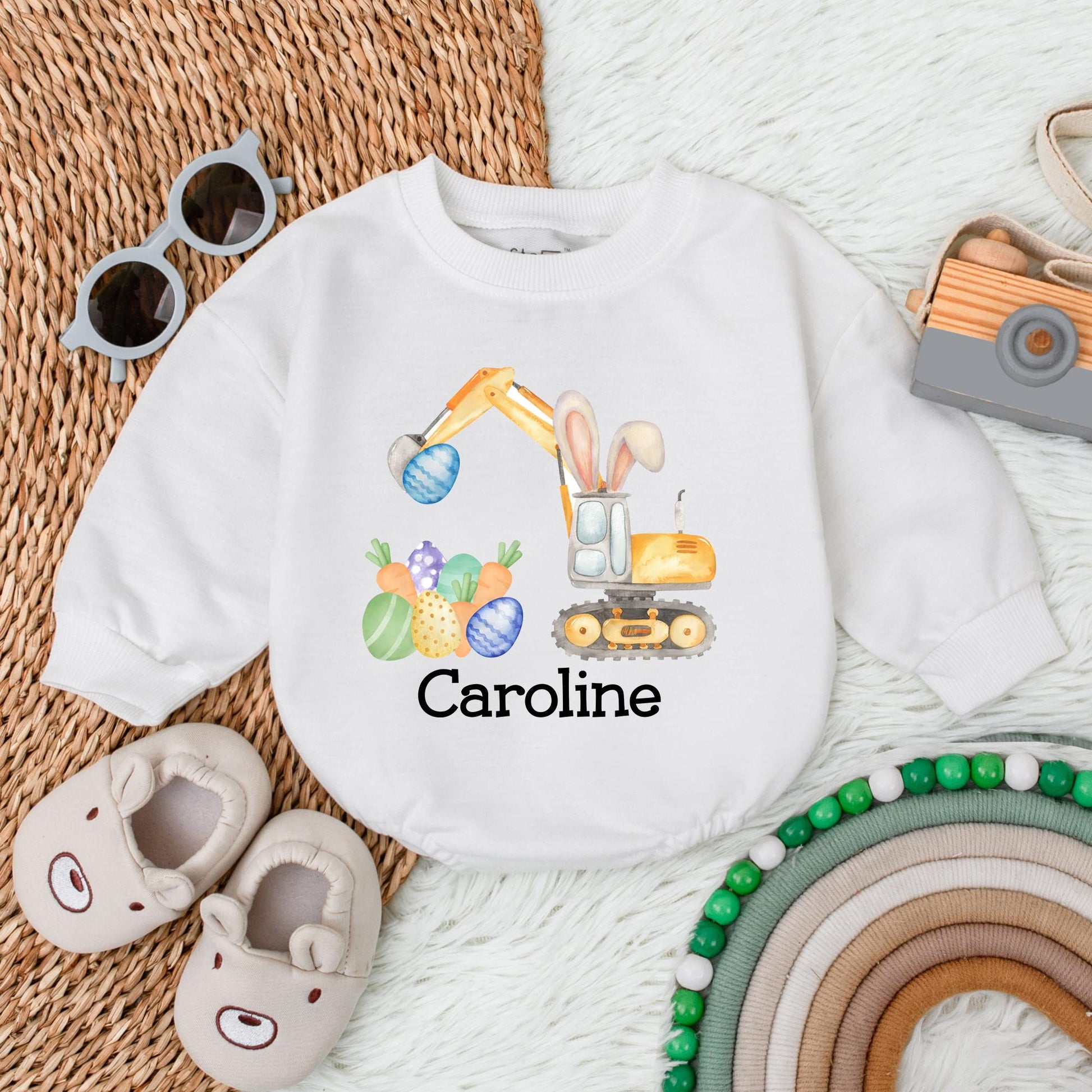 Personalized Easter Bunny Truck Romper Baby Girl My First Easter Bodysuit Eggs-cavator Shower Gift Infant Clothes Cute Bunny Truck Design
