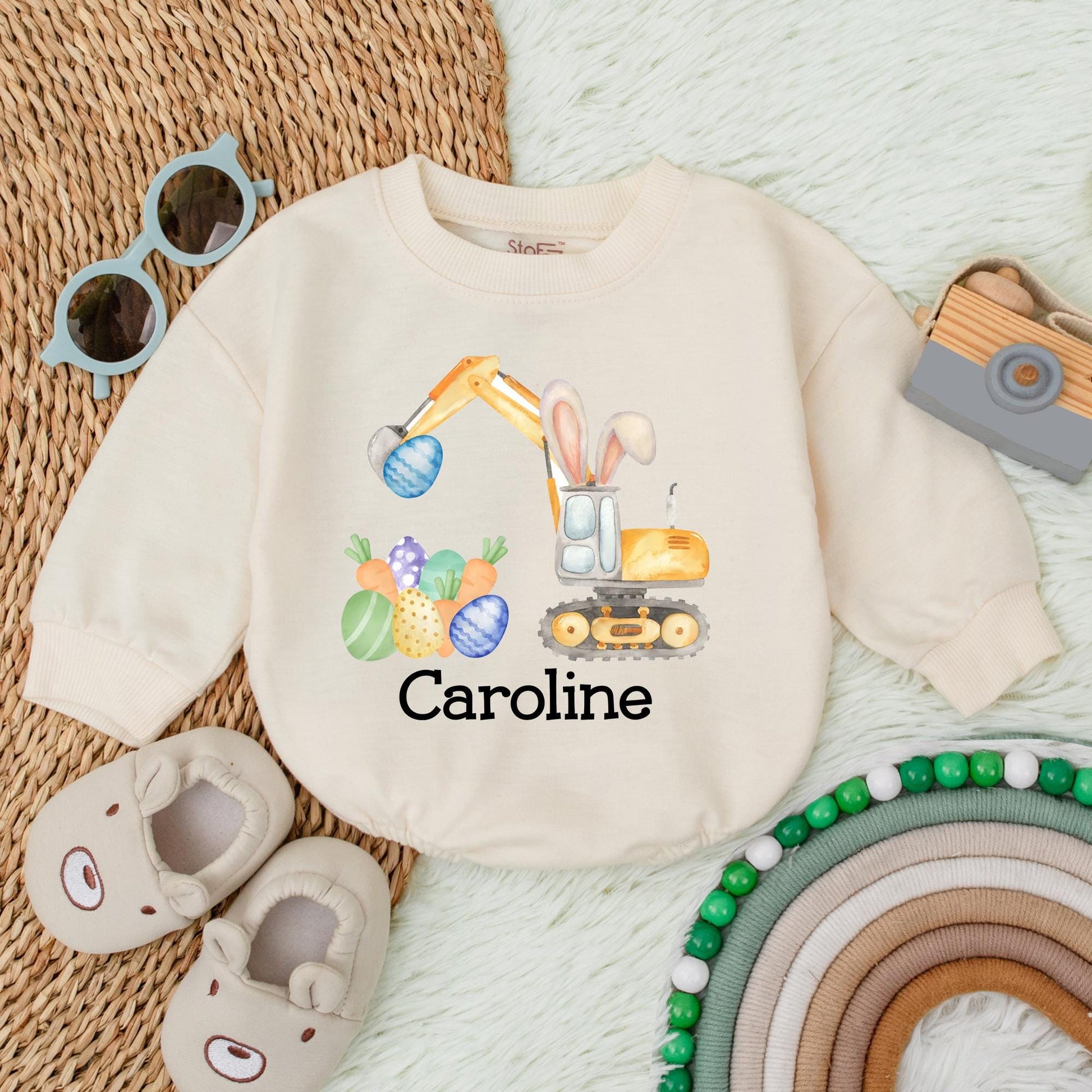 Personalized Easter Bunny Truck Romper Baby Girl My First Easter Bodysuit Eggs-cavator Shower Gift Infant Clothes Cute Bunny Truck Design