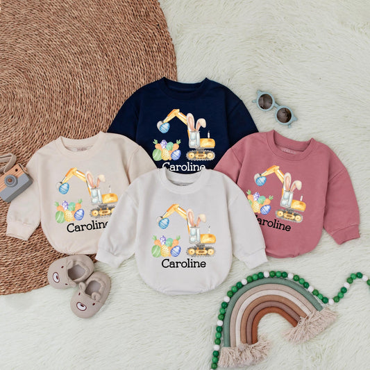 Personalized Easter Bunny Truck Romper Baby Girl My First Easter Bodysuit Eggs-cavator Shower Gift Infant Clothes Cute Bunny Truck Design