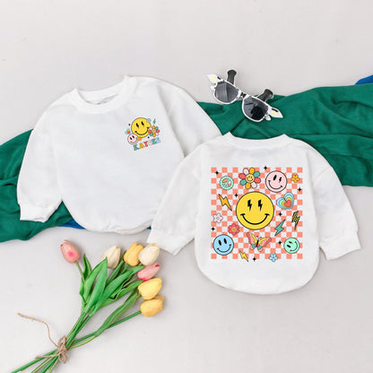Retro Smile Face Romper Personalized Name Baby Girl Bodysuit Custom Infant Birthday Outfit Spring Shower Gift