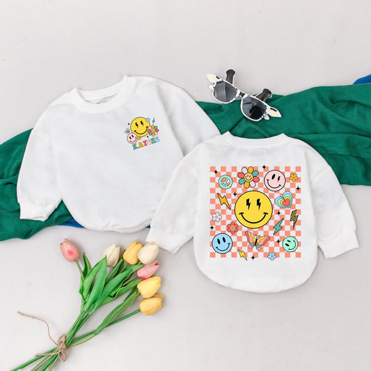 Retro Smile Face Romper Personalized Name Baby Girl Bodysuit Custom Infant Birthday Outfit Spring Shower Gift