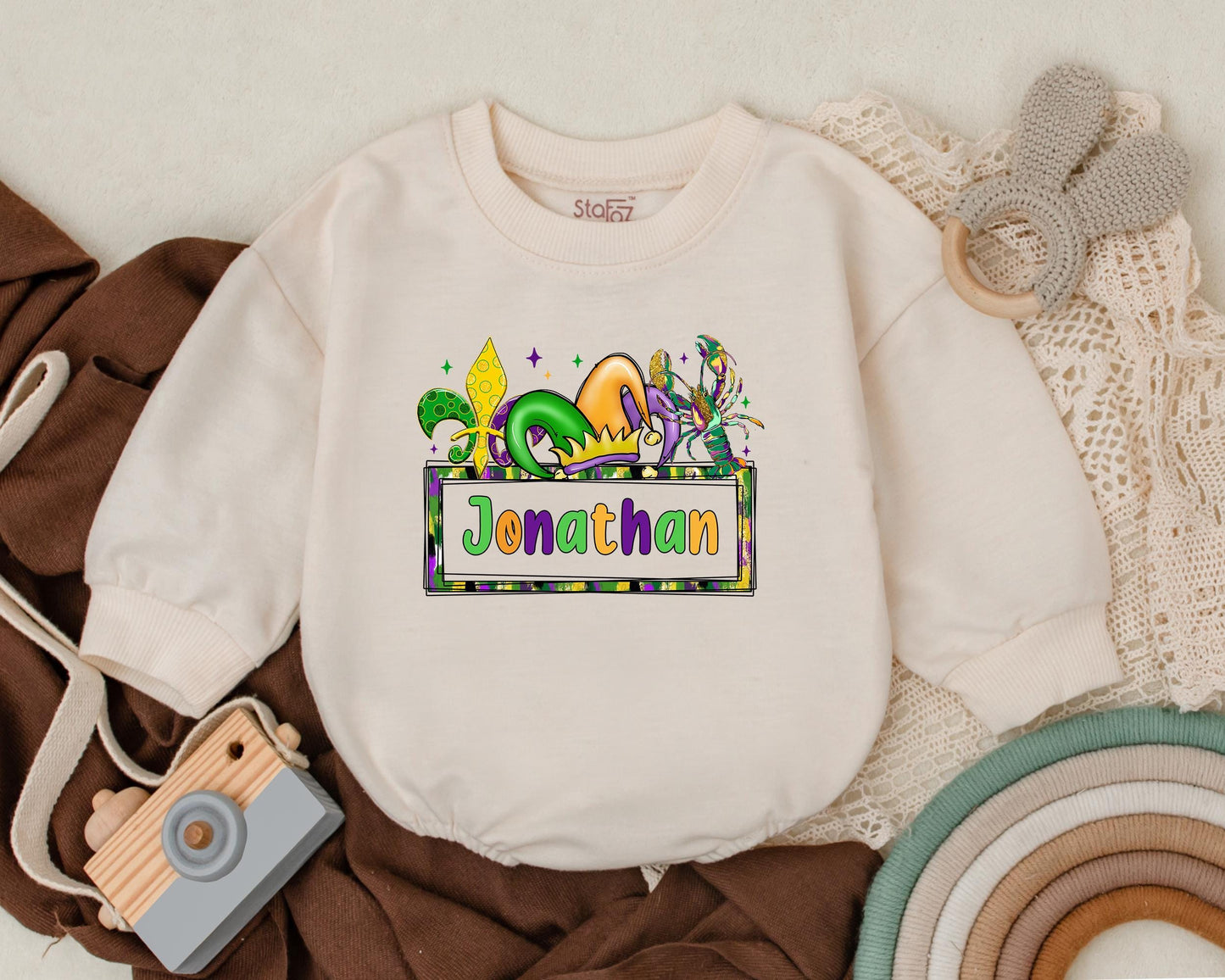 Custom Mardi Gras Baby Romper Cute Sweatshirt Outfit Unisex Newborn Gift