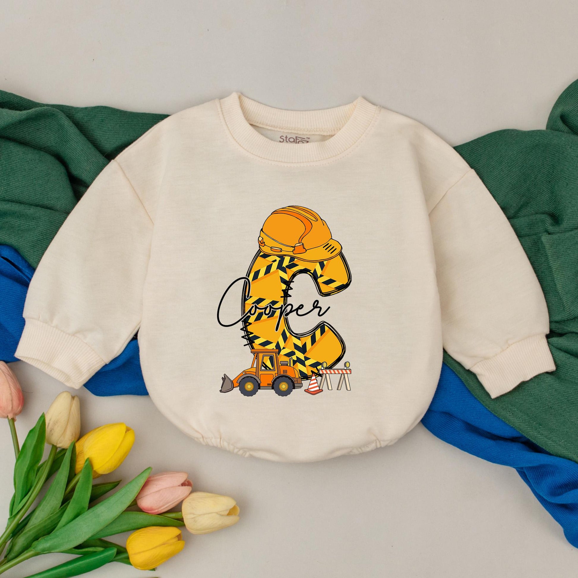 Personalized Excavator Romper for Baby Boy - Custom Name Construction Truck Outfit, First Birthday Gift, Newborn Clothes, Birthday Boy, 1st Birthday Party
