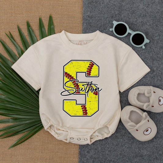 Customized Softball Bubble Romper for Baby Girl Birthday Outfit Short Sleeve Newborn Toddler Game Day Bodysuit Soft Cotton Shower Gift