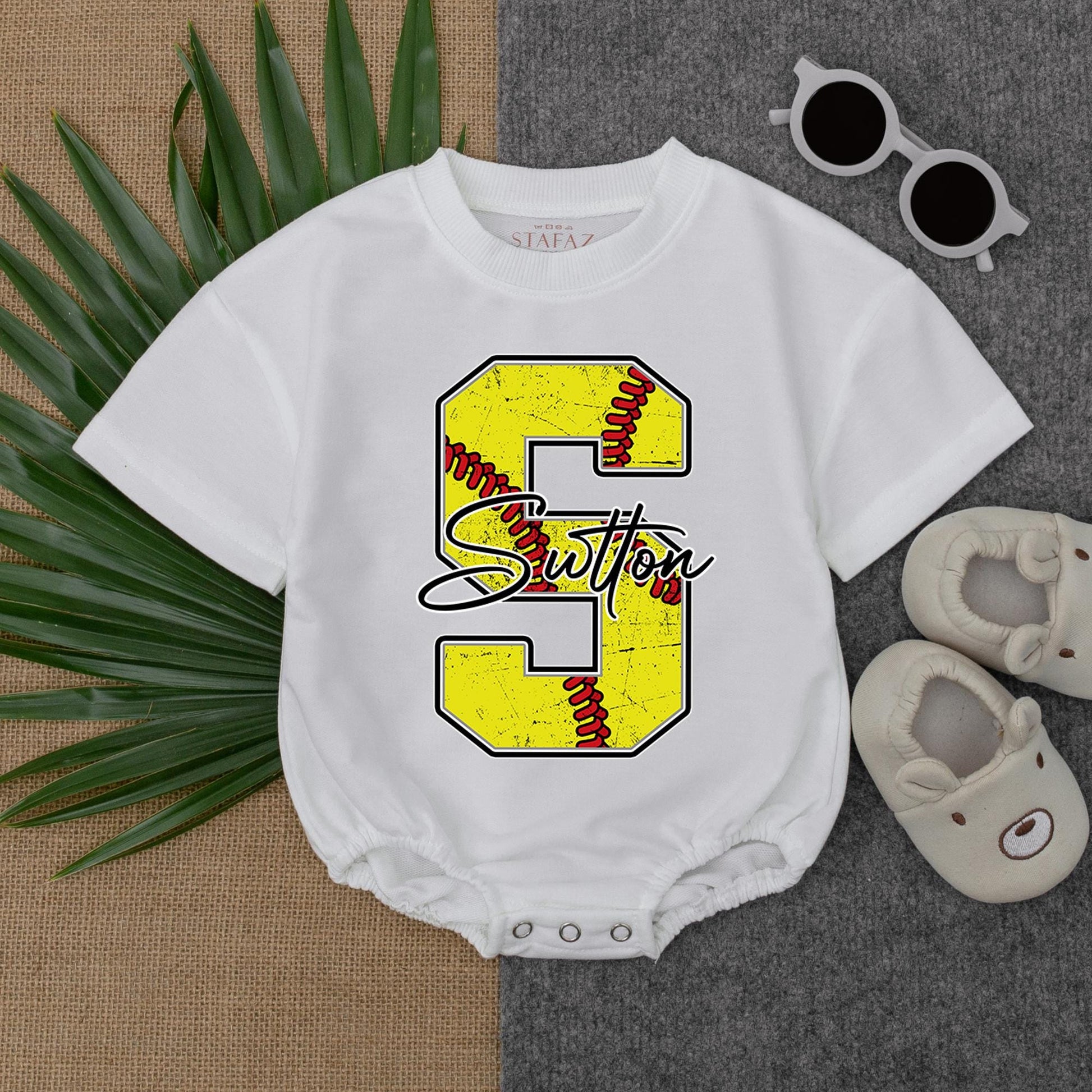 Customized Softball Bubble Romper for Baby Girl Birthday Outfit Short Sleeve Newborn Toddler Game Day Bodysuit Soft Cotton Shower Gift