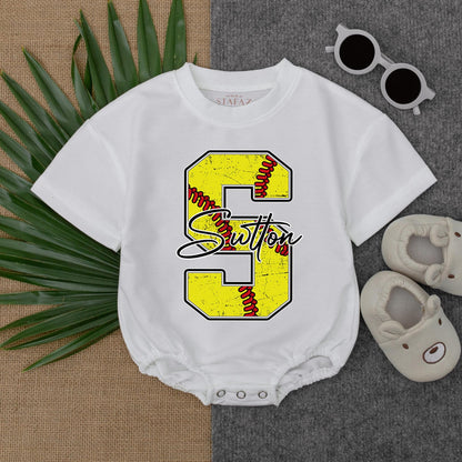 Customized Softball Bubble Romper for Baby Girl Birthday Outfit Short Sleeve Newborn Toddler Game Day Bodysuit Soft Cotton Shower Gift