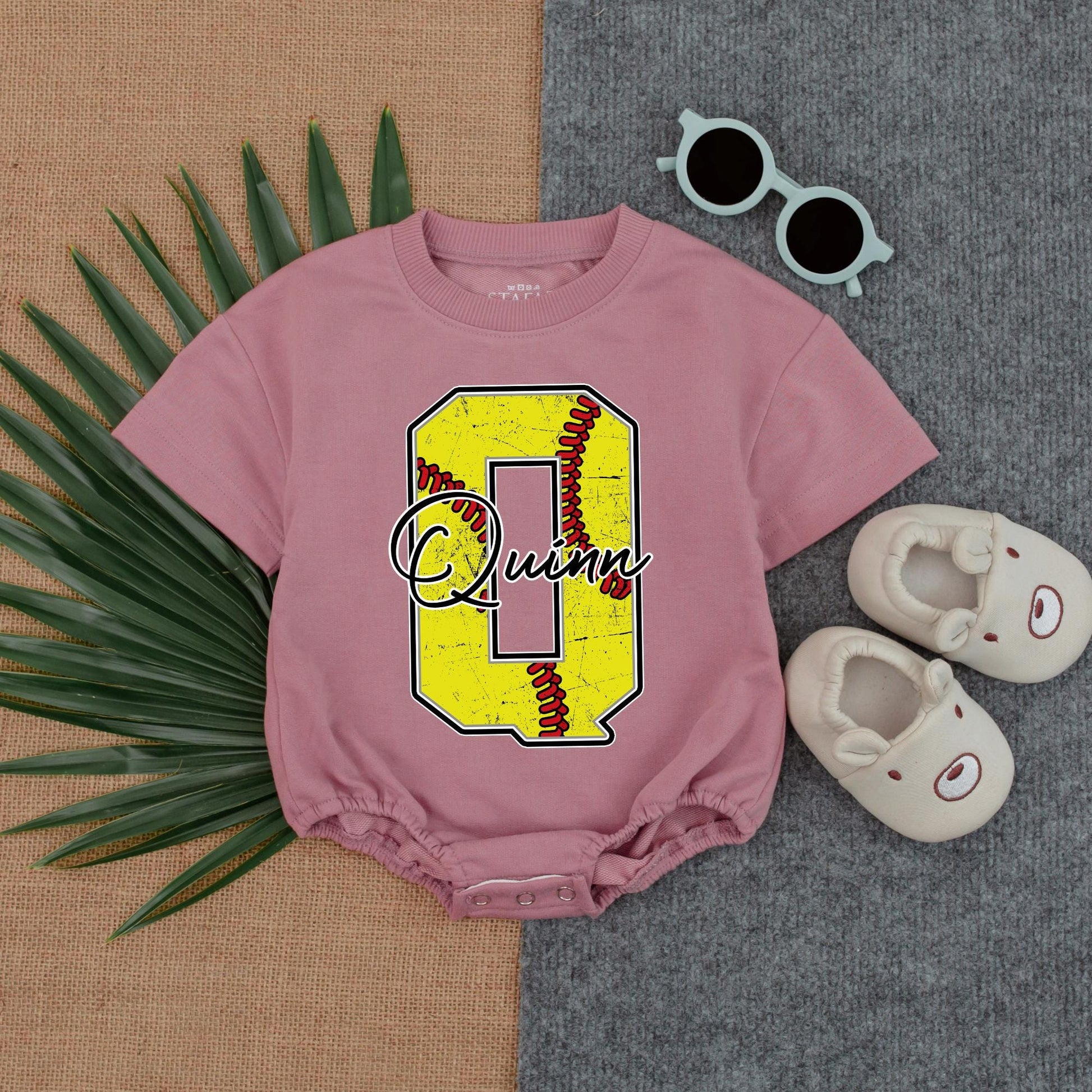 Customized Softball Bubble Romper for Baby Girl Birthday Outfit Short Sleeve Newborn Toddler Game Day Bodysuit Soft Cotton Shower Gift