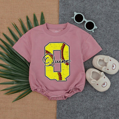 Customized Softball Bubble Romper for Baby Girl Birthday Outfit Short Sleeve Newborn Toddler Game Day Bodysuit Soft Cotton Shower Gift