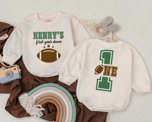 Personalized Year Down Romper First Birthday Outfit Game Day Baby Clothes Football Party Gift for Boys