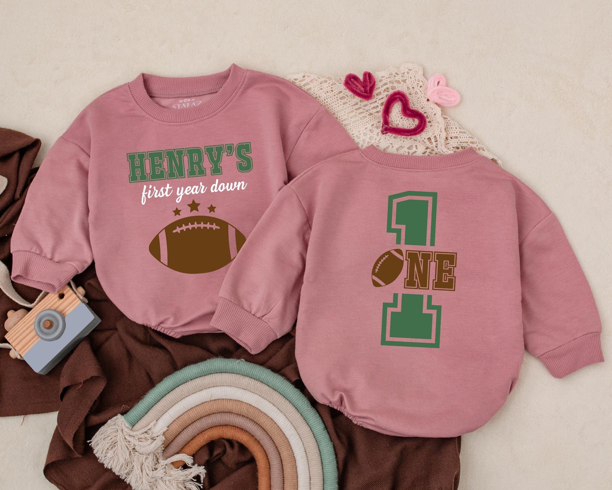 Personalized Year Down Romper First Birthday Outfit Game Day Baby Clothes Football Party Gift for Boys