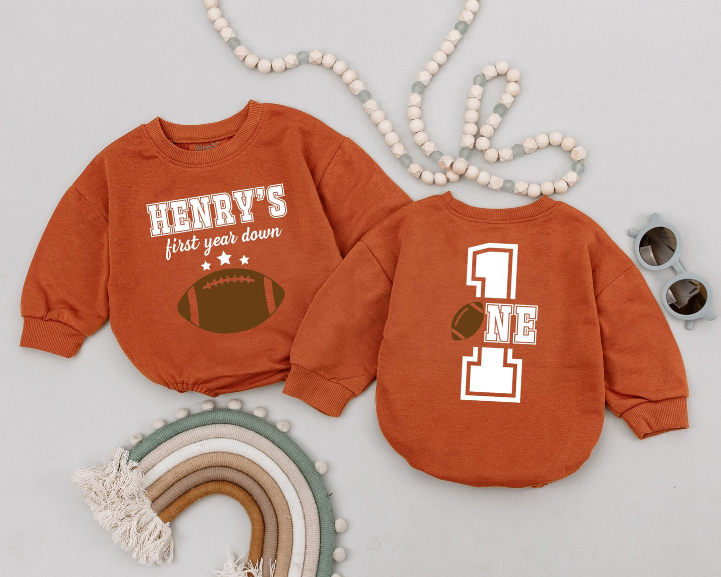 Personalized Year Down Romper First Birthday Outfit Game Day Baby Clothes Football Party Gift for Boys