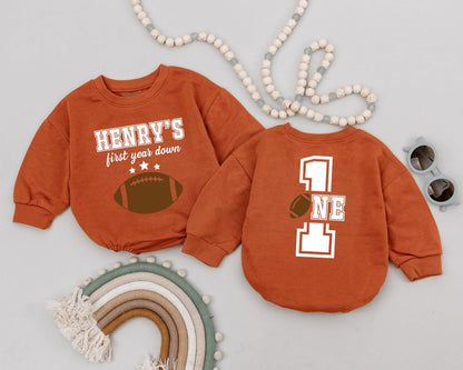 Personalized Year Down Romper First Birthday Outfit Game Day Baby Clothes Football Party Gift for Boys