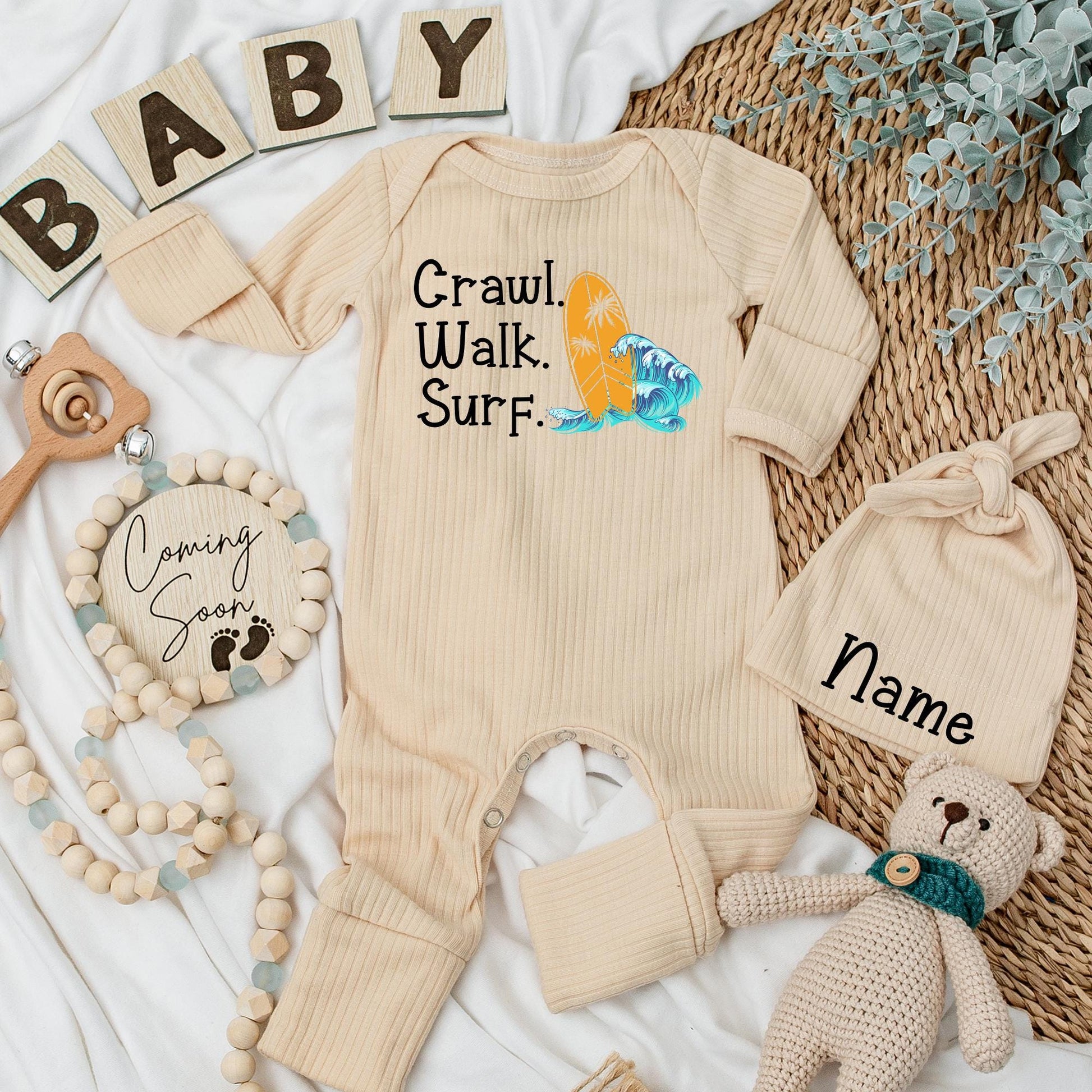 Surf Baby Bodysuit & Hat Set: Crawl Walk Surf Summer Fun! Adorable Surfing Newborn Outfit, Perfect Baby Shower Gift, New Baby Coming Home Clothes (138 chars)