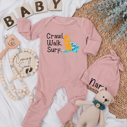 Surf Baby Bodysuit & Hat Set: Crawl Walk Surf Summer Fun! Adorable Surfing Newborn Outfit, Perfect Baby Shower Gift, New Baby Coming Home Clothes (138 chars)