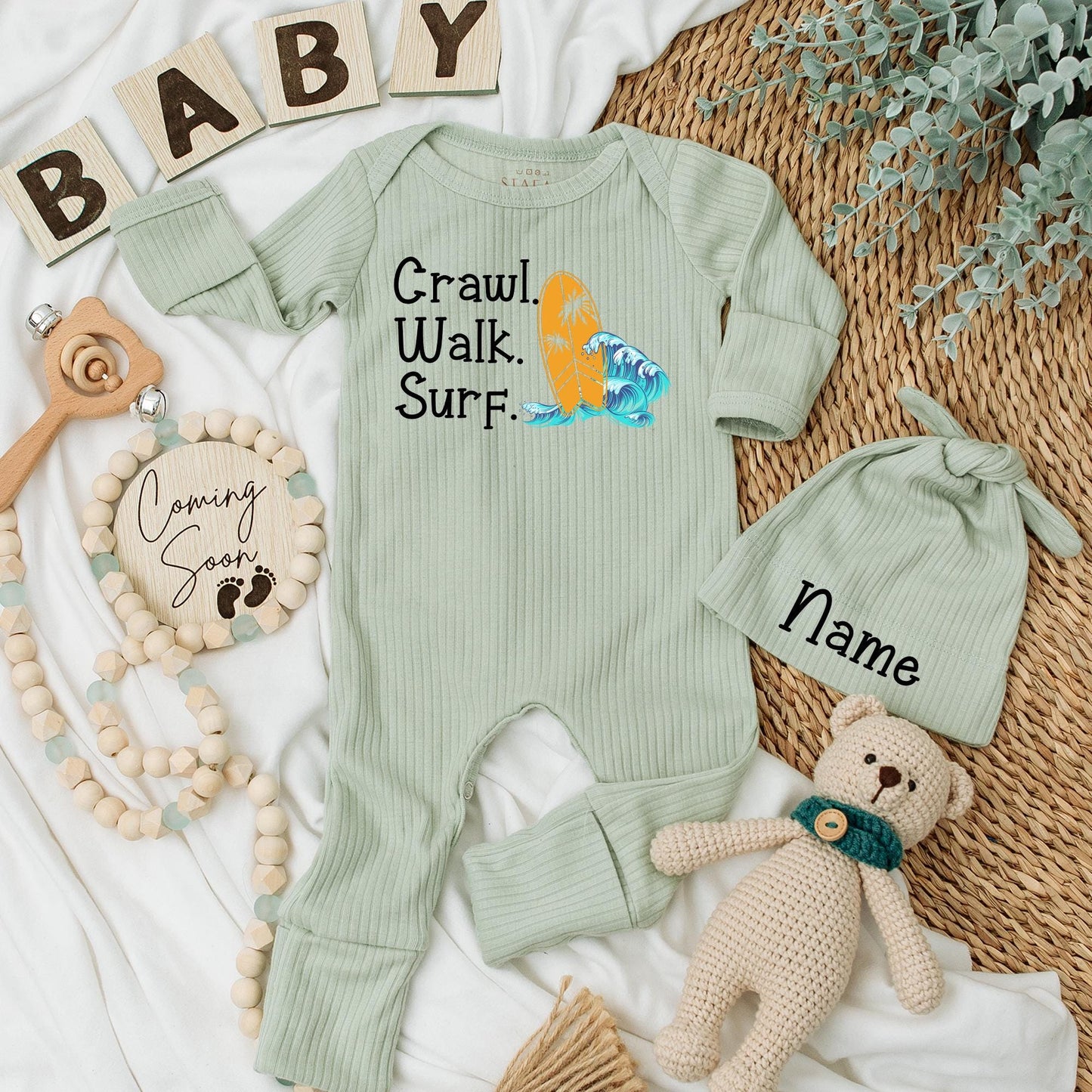 Surf Baby Bodysuit & Hat Set: Crawl Walk Surf Summer Fun! Adorable Surfing Newborn Outfit, Perfect Baby Shower Gift, New Baby Coming Home Clothes (138 chars)