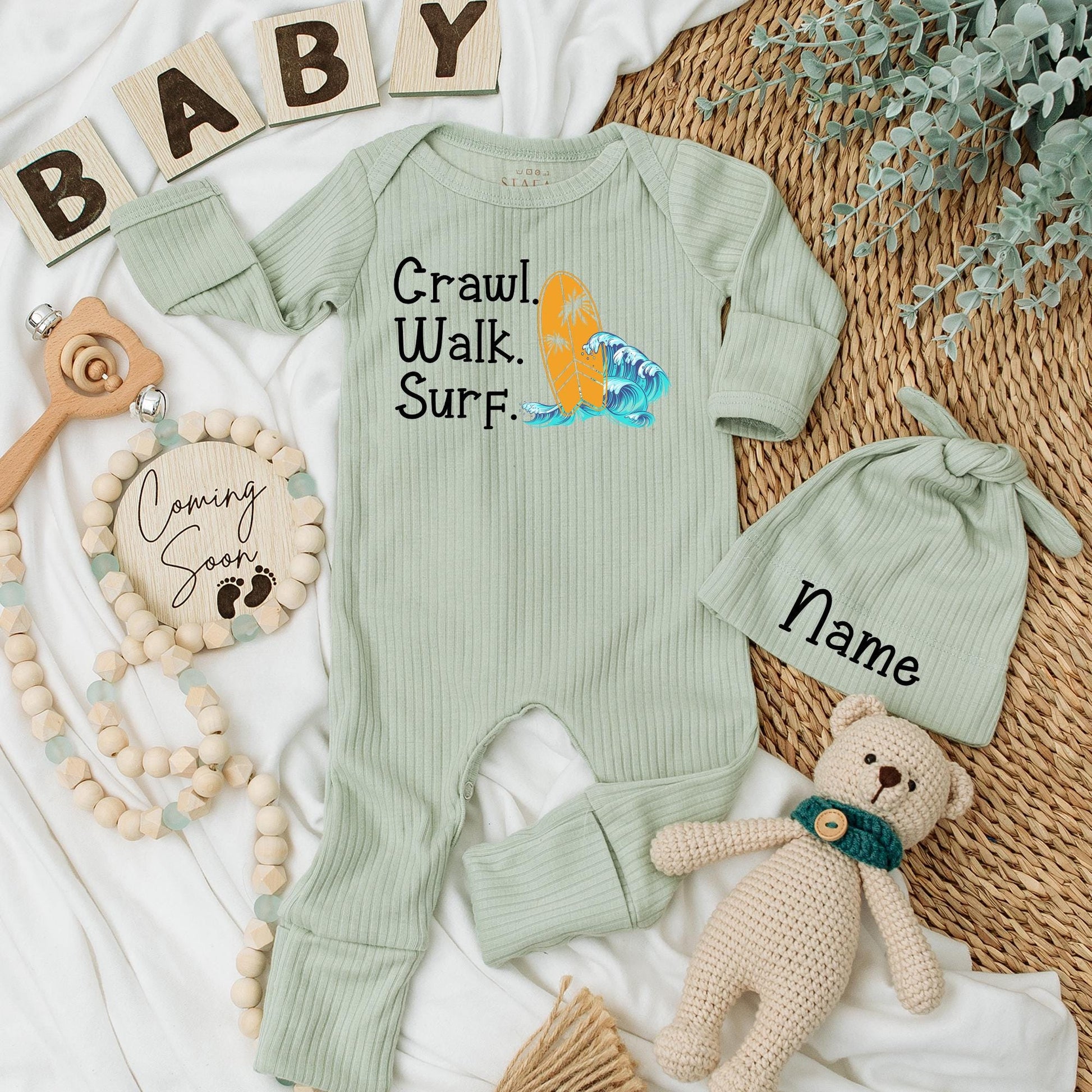 Surf Baby Bodysuit & Hat Set: Crawl Walk Surf Summer Fun! Adorable Surfing Newborn Outfit, Perfect Baby Shower Gift, New Baby Coming Home Clothes (138 chars)