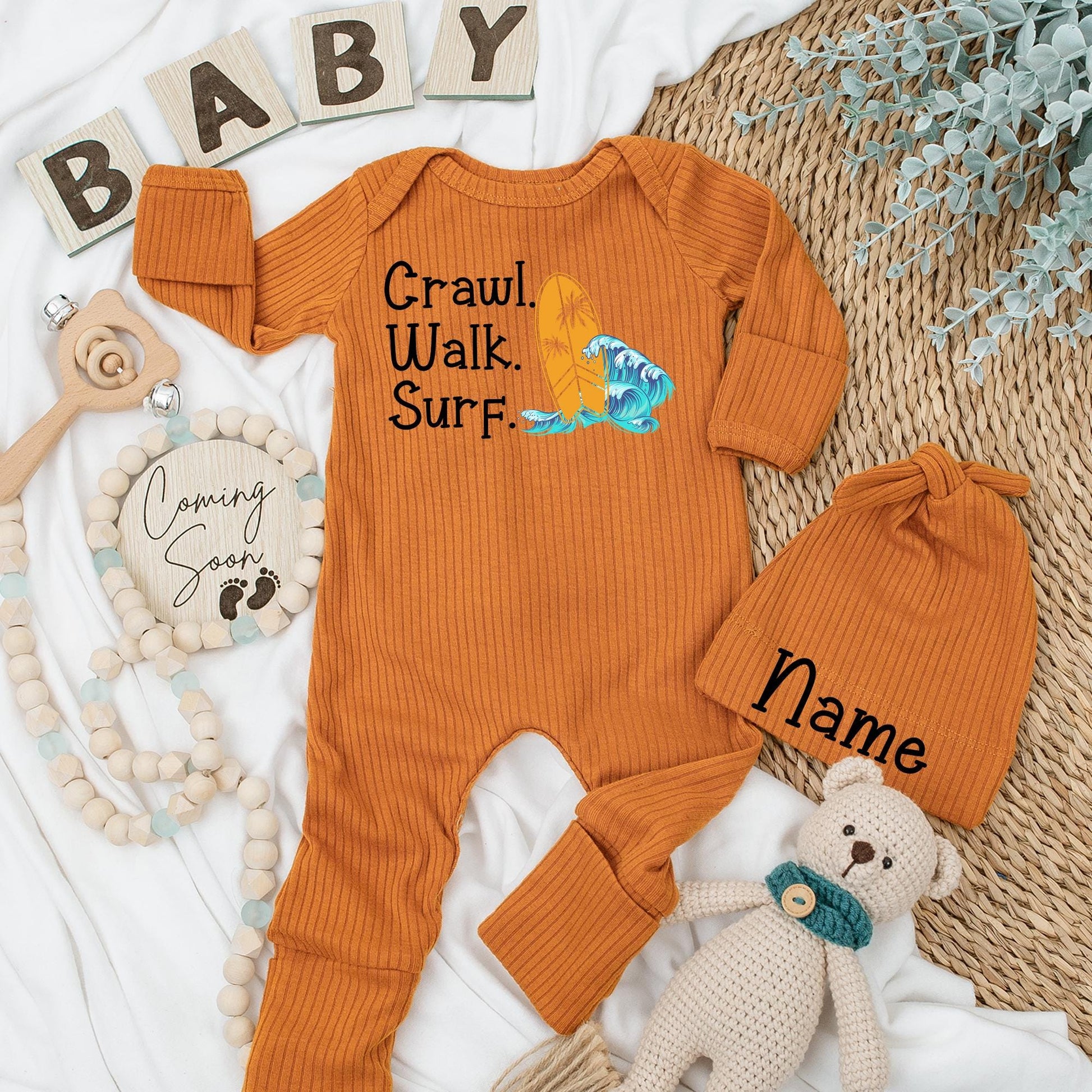 Surf Baby Bodysuit & Hat Set: Crawl Walk Surf Summer Fun! Adorable Surfing Newborn Outfit, Perfect Baby Shower Gift, New Baby Coming Home Clothes (138 chars)