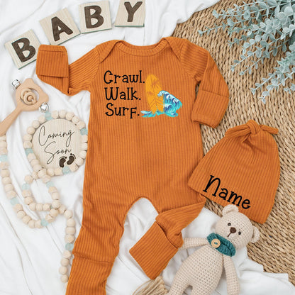 Surf Baby Bodysuit & Hat Set: Crawl Walk Surf Summer Fun! Adorable Surfing Newborn Outfit, Perfect Baby Shower Gift, New Baby Coming Home Clothes (138 chars)